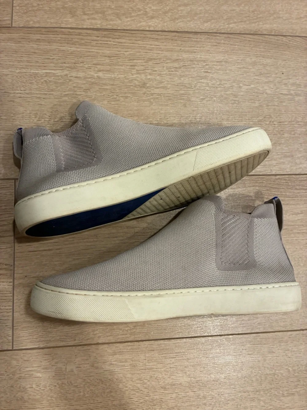 Rothy's Slip-On Sneakers in Light Taupe with Blue Pull Tab